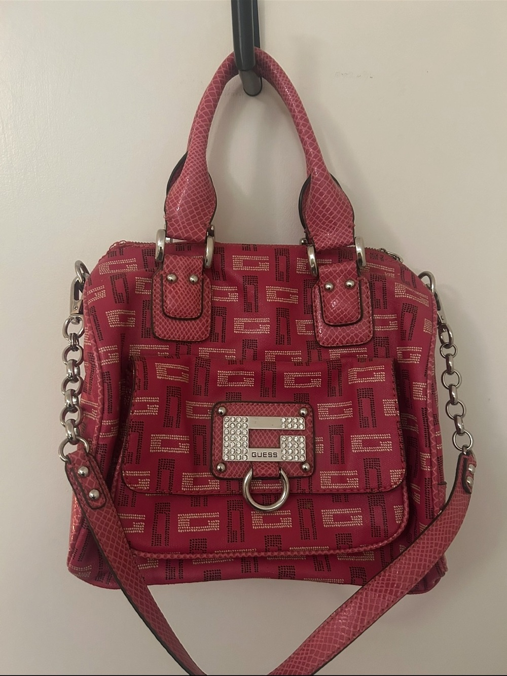GUESS Pink Logo-Print Satchel with Chain Strap
